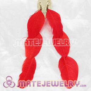 Red Big Flake Extra Long Feather Earrings For Sale