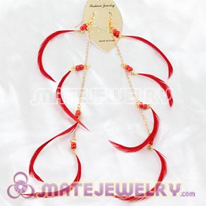 Red Long Beaded Feather Earrings For Women Wholesale