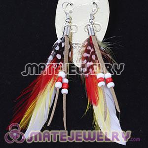 White Tibetan Jaderic Indianstyles Feather Earrings With Beads 