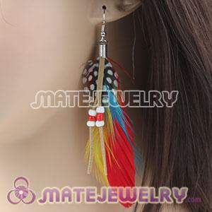 Red Tibetan Jaderic Indianstyles Feather Earrings With Beads 