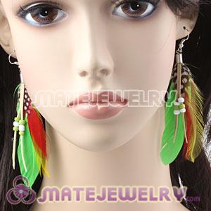 Green Tibetan Jaderic Indianstyles Feather Earrings With Beads 
