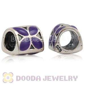 925 Sterling Silver European 4 Petal Flower Charms with Purple Enamel