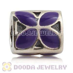925 Sterling Silver European 4 Petal Flower Charms with Purple Enamel