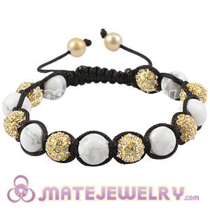 Golden Crystal Disco Ball Bead String Bracelets With White Turquoise Beads  