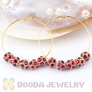 70mm Basketball Wives Hoop Earrings With Red Crystal Ball Beads 