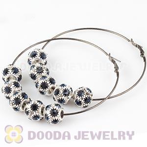 70mm Basketball Wives Hoop Earrings With Navy Crystal Ball Beads 