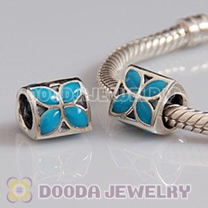 925 Sterling Silver European 4 Petal Flower Bead with Blue Enamel
