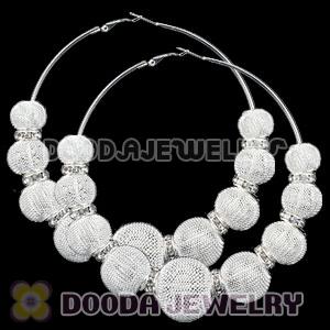 90mm White Basketball Wives Mesh Hoop Earrings With Spacer Beads Wholesale