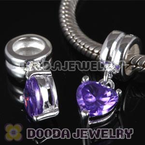 925 Sterling Silver European Charms Dangle Purple Heart Stone