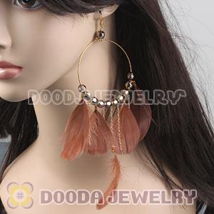 Brown Basketball Wives Feather Hoop Earrings With Beads Wholesale
