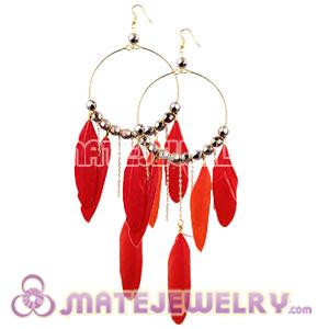 Wholesale Red Basketball Wives Feather Hoop Earrings With Beads 