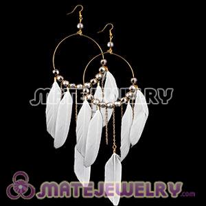 Wholesale White Basketball Wives Feather Hoop Earrings With Beads 