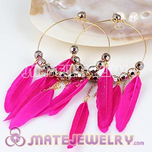Wholesale Magenta Basketball Wives Feather Hoop Earrings With Beads 