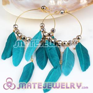 Wholesale Teal Basketball Wives Feather Hoop Earrings With Beads 
