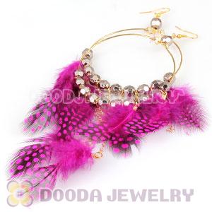 Magenta Basketball Wives Feather Hoop Earrings With Beads Wholesale