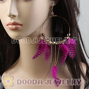 Magenta Basketball Wives Feather Hoop Earrings With Beads Wholesale