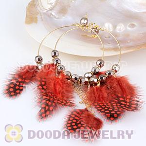 Red Basketball Wives Feather Hoop Earrings With Beads Wholesale