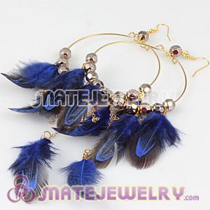 Wholesale Ink Blue Basketball Wives Feather Hoop Earrings With Beads 