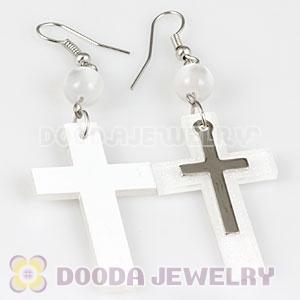 White Crystal Basketball Wives Bamboo Cross Hoop Earrings Wholesale
