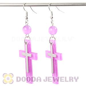 Pink Crystal Basketball Wives Bamboo Cross Hoop Earrings Wholesale
