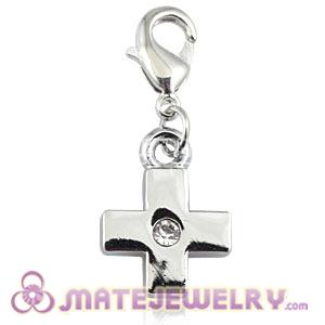 Platinum Plated Alloy European Jewelry Cross Charms With Stone 