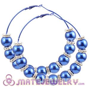 80mm Blue Basketball Wives Hoop Earrings With ABS Pearl Beads 