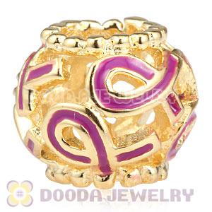 Gold Plated Silver European Cancer Awareness Pink Ribbon Beads Wholesale