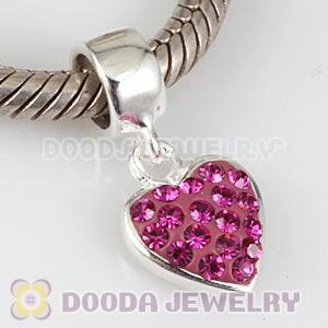 925 Sterling Silver Heart Dangle Charms With Fushia Austrian Crystal Wholesale