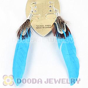 Natural Blue And Grizzly Rooster Feather Earrings With Alloy Fishhook Wholesale