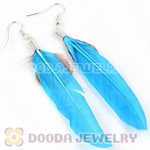 Natural Blue And Grizzly Rooster Feather Earrings With Alloy Fishhook Wholesale