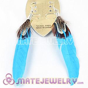Natural Blue And Grizzly Rooster Feather Earrings With Alloy Fishhook 