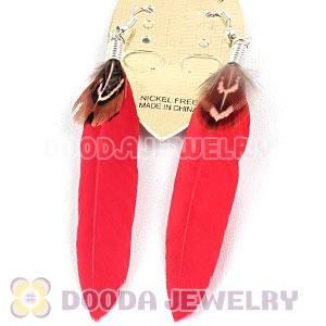 Natural Pink And Grizzly Rooster Feather Earrings With Alloy Fishhook Wholesale