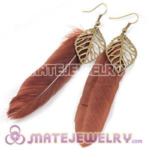 Long Purple Tibetan Jaderic Indianstyles Alloy Leaf Feather Earrings