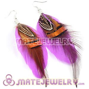 Pink Tibetan Jaderic Bohemia Grizzly Feather Earrings 