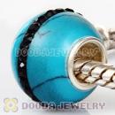 12mm Green Turquoise European Bead With Black Austrian Crystal In Silver Core