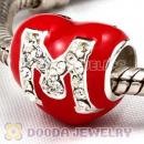 European Sterling Silver Enamel Heart Pave M Charm Bead With Austrian Crystal
