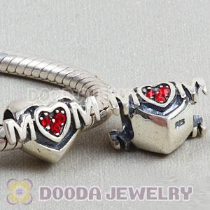 Sterling Silver European MOM Heart Bead with Light Siam Austrian Crystal