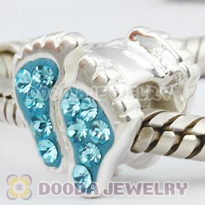 Sterling Silver European Foot Bead With Cyan Austrian Crystal 