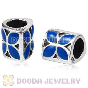 925 Sterling Silver European 4 Petal Flower Bead with Blue Enamel