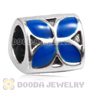 925 Sterling Silver European 4 Petal Flower Bead with Blue Enamel
