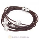 White Crystal Beads 19CM Mocha Leather Bracelet With Magnetic Clasp