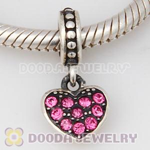 Sterling Silver European Rose Pave Heart Dangle With Rose Austrian Crystal