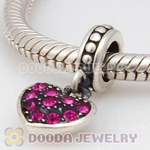 Sterling Silver European Fuchsia Pave Heart Dangle With Fuchsia Austrian Crystal