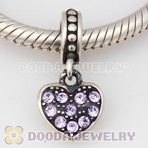 Sterling Silver European Violet Pave Heart Dangle With Violet Austrian Crystal