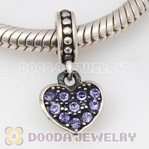 Sterling Silver European Tanzanite Pave Heart Dangle With Tanzanite Austrian Crystal