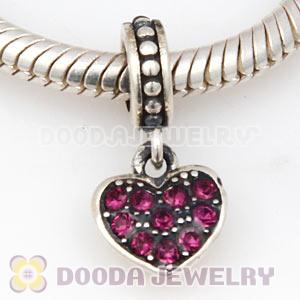 Sterling Silver European Amethyst Pave Heart Dangle With Amethyst Austrian Crystal