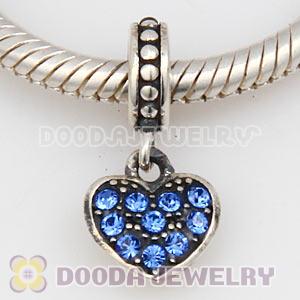 Sterling Silver European Sapphire Pave Heart Dangle With Sapphire Austrian Crystal