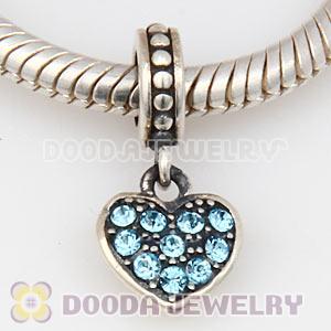 Sterling Silver European Aquamarine Pave Heart Dangle With Aquamarine Austrian Crystal