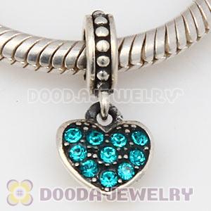Sterling Silver European Blue Pave Heart Dangle With Blue Austrian Crystal