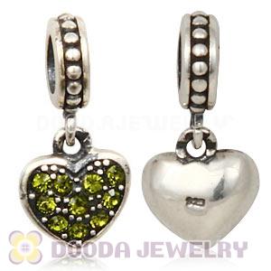 Sterling Silver European Olivine Pave Heart Dangle With Olivine Austrian Crystal